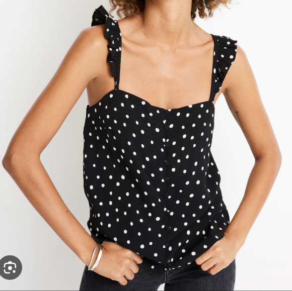NWT Madewell Ruffle Strap Cami Top Black Painted Dots Polka Dot Size 0 - Picture 1 of 12